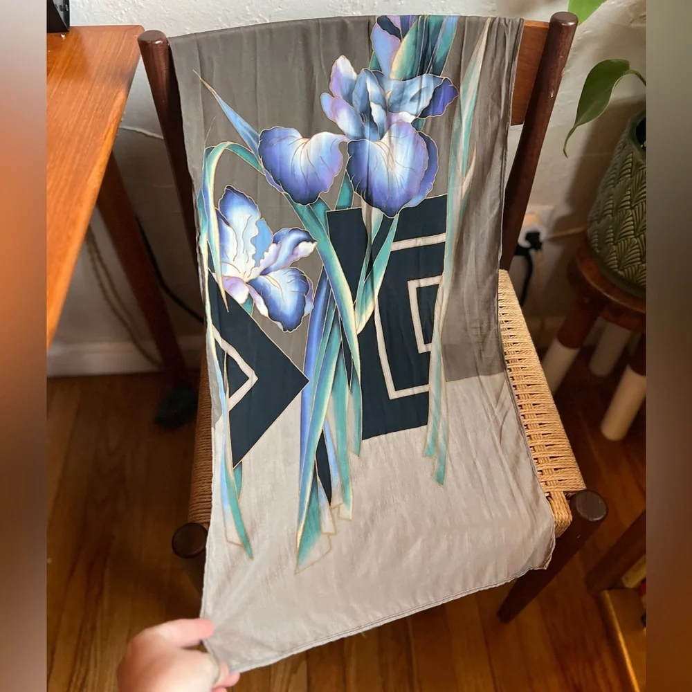 Hand Painted Silk Iris Scarf 100% Natural Silk Wearable Art Long Floral Wrap